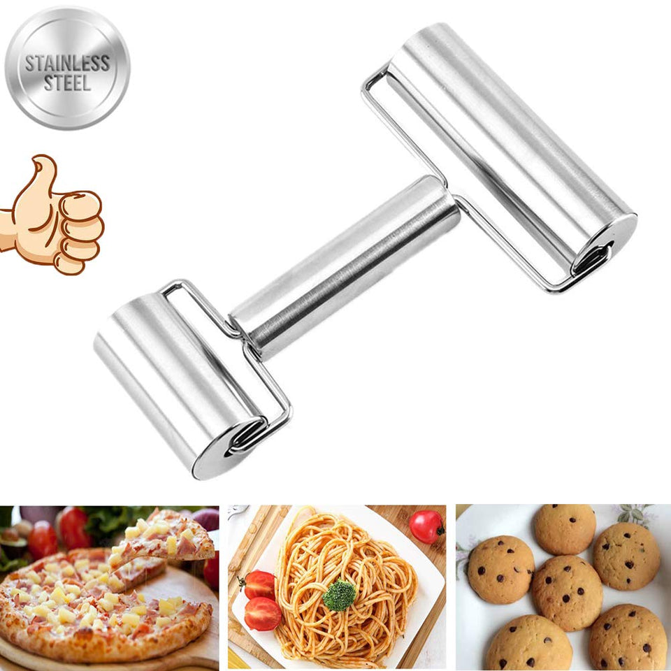 Rodillo de acero inoxidable para repostería y pizza, doble masa, para hornear pizza, utensilios de cocina de metal, mejor para fondant, masa de pastel, galletas.