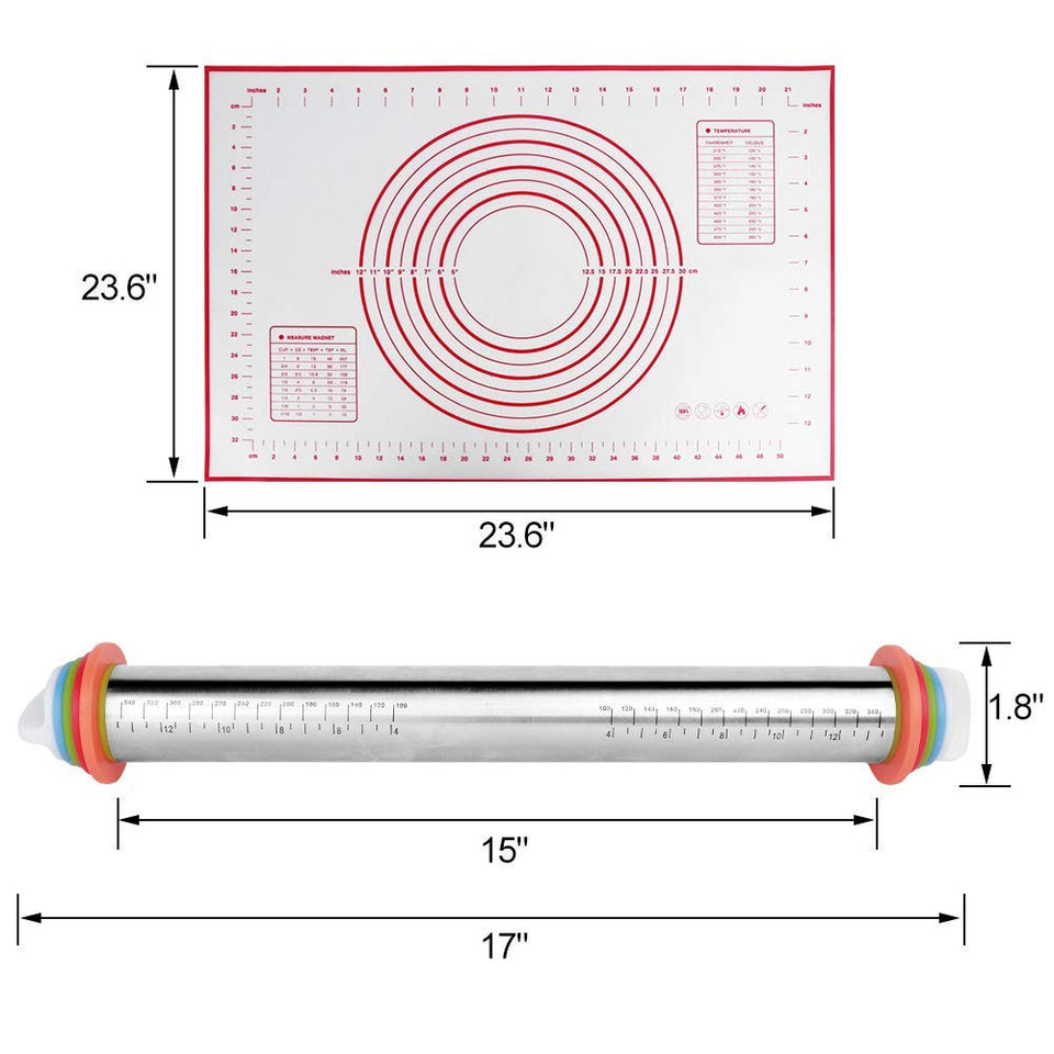 PUBAMALL Rollo de cocina, rodillo ajustable con escala y 4 aros removibles para tacos, galletas, raviolis y pizza con repostería antiadherente (Plata)
