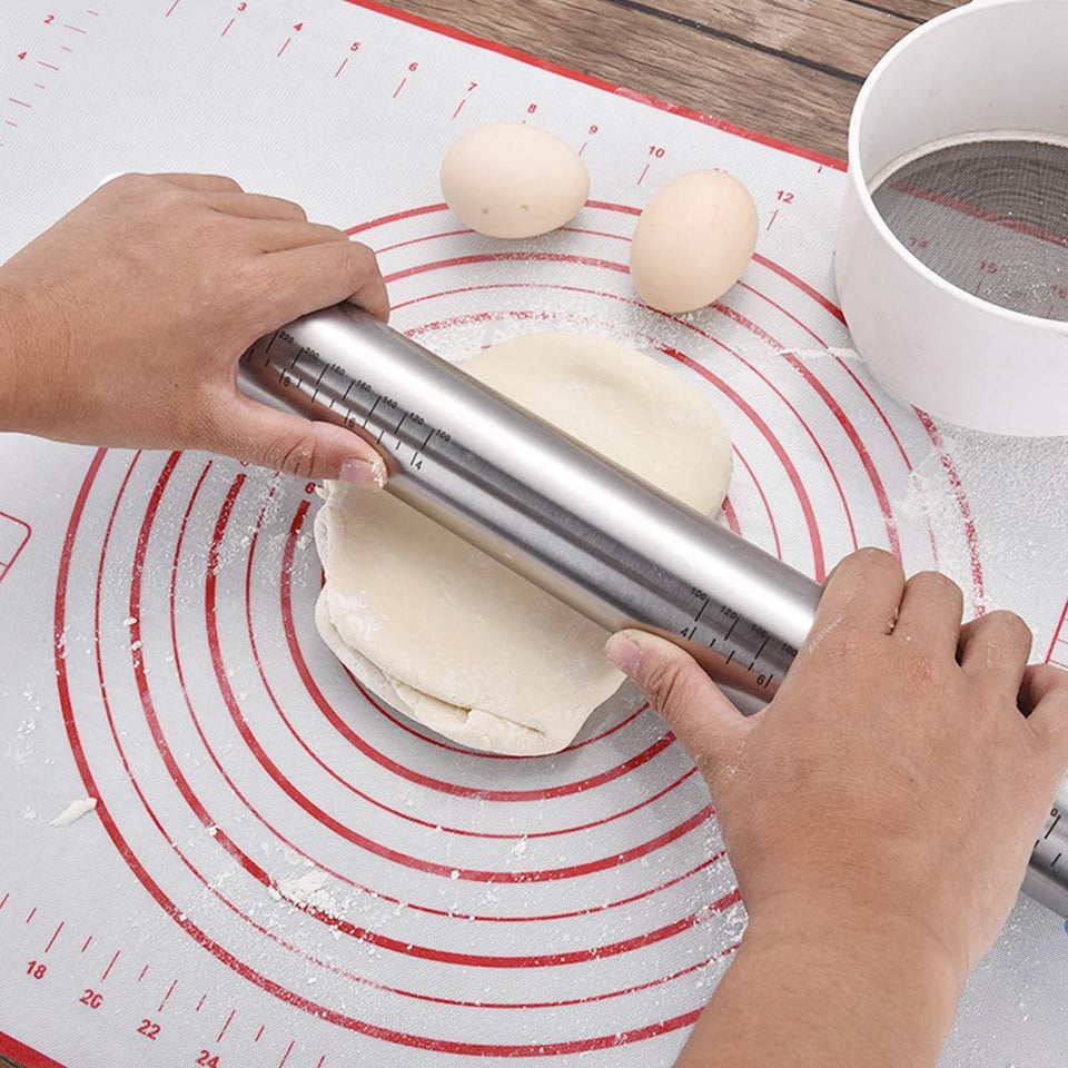 PUBAMALL Rollo de cocina, rodillo ajustable con escala y 4 aros removibles para tacos, galletas, raviolis y pizza con repostería antiadherente (Plata)
