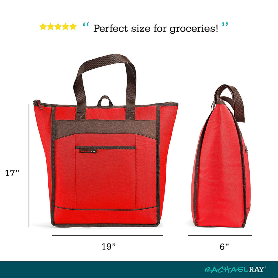 Rachael Ray Chillout Bolsa aislante, bolsa enfriadora para compras de alimentos, transporte de alimentos fríos y calientes, portones traseros, camping, playa, reutilizable, Rojo, Una talla, 1