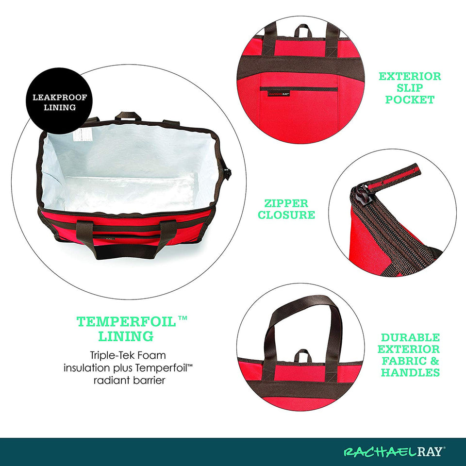 Rachael Ray Chillout Bolsa aislante, bolsa enfriadora para compras de alimentos, transporte de alimentos fríos y calientes, portones traseros, camping, playa, reutilizable, Rojo, Una talla, 1