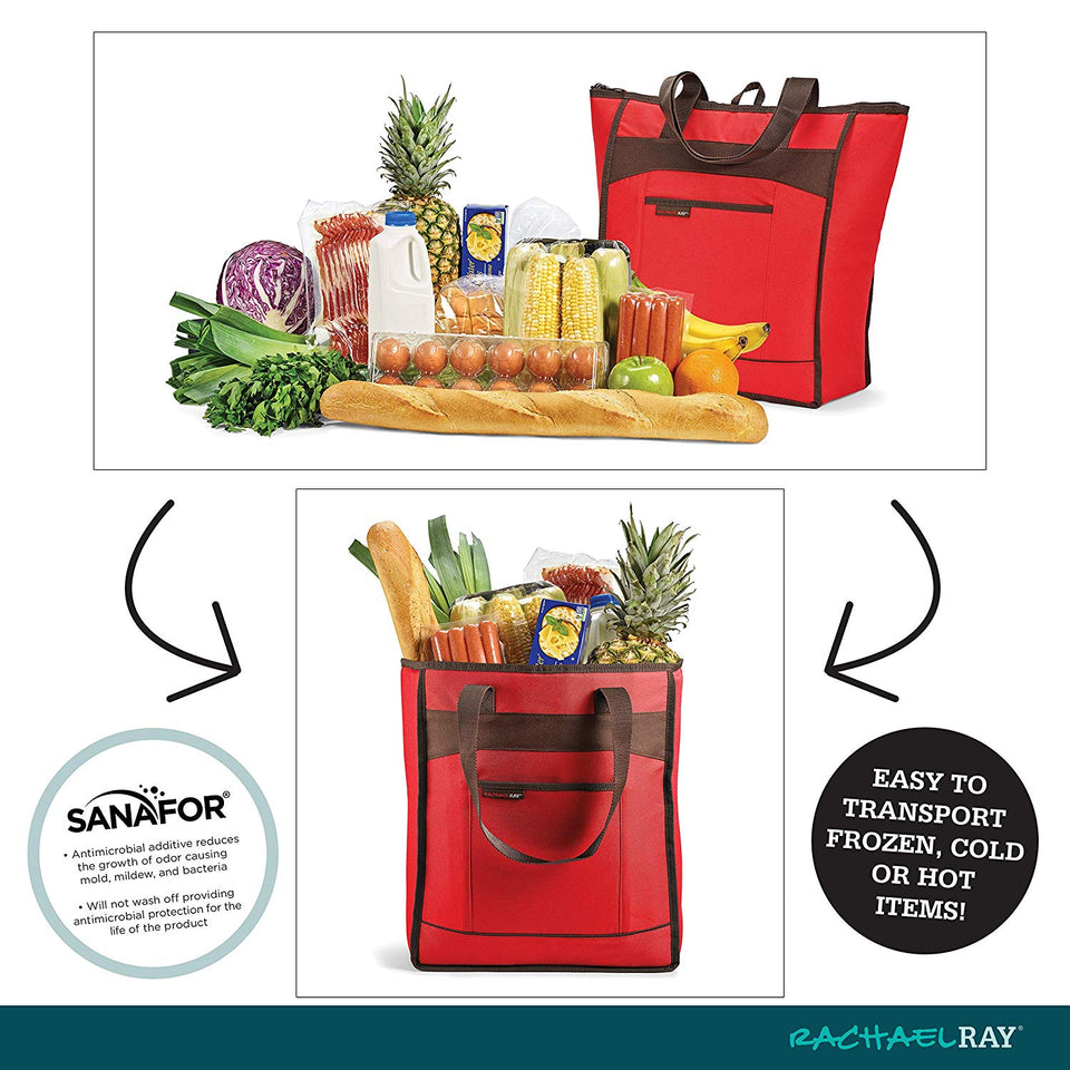 Rachael Ray Chillout Bolsa aislante, bolsa enfriadora para compras de alimentos, transporte de alimentos fríos y calientes, portones traseros, camping, playa, reutilizable, Rojo, Una talla, 1