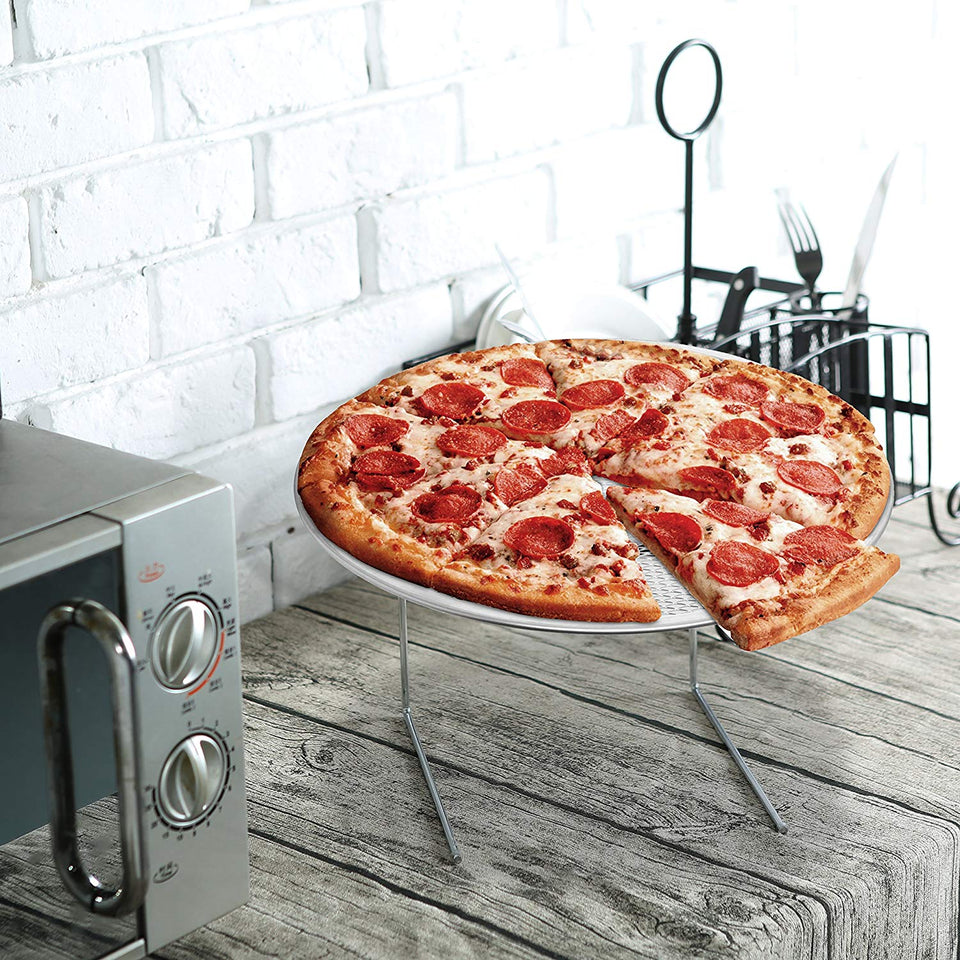 MyGift - Bandeja de pizza de metal plateada con expositor de mesa, juego de 4